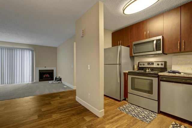 Kitchen and living room with fireplace.