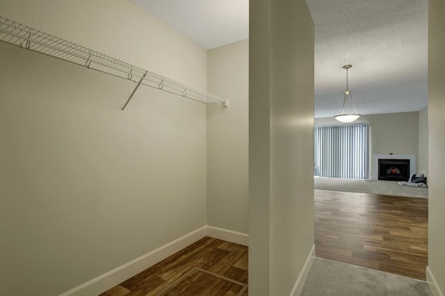 Empty walk-in closet with shelving and flooring.