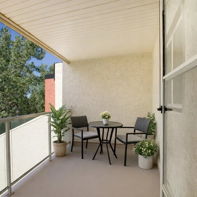 Balcony with a small table and two chairs, overlooking trees and a building.