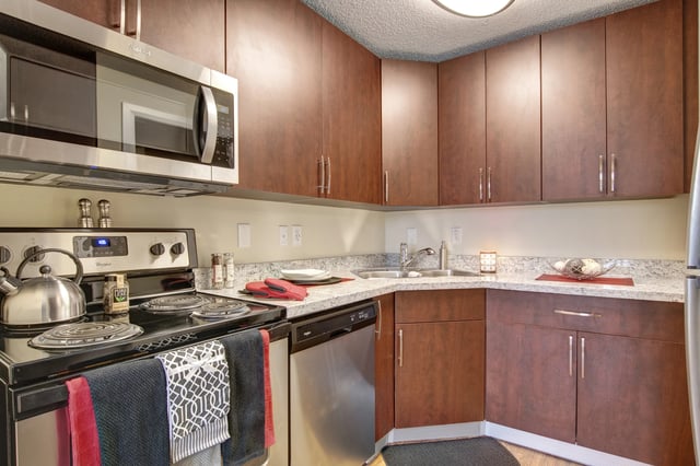 Modern kitchen with dark wood cabinets, granite countertops, stainless steel appliances including a microwave, stove, and dishwasher.