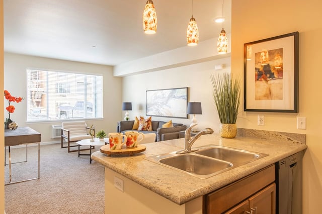 Modern kitchen with granite countertops and stainless steel sink overlooking living area.