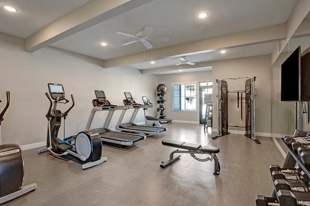 State-of-the-art fitness center with treadmills, ellipticals, a cable crossover machine, and free weights.