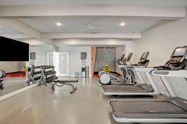 Fitness center with treadmills, elliptical machines, free weights, and a climbing wall.