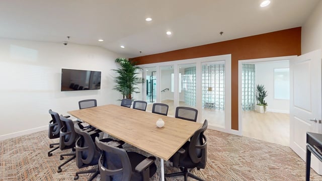 Conference room with a large wooden table and chairs, a television on the wall, and plants.