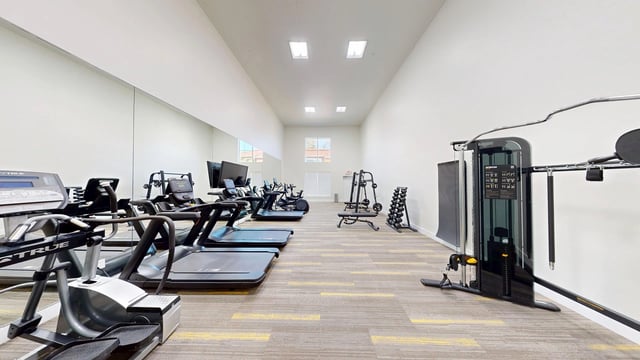 Spacious fitness center with treadmills, ellipticals, weight machines, and free weights.