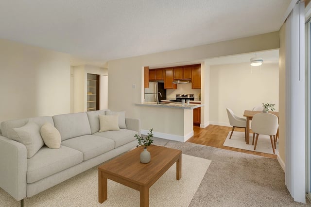 Living room and kitchen in a model apartment.