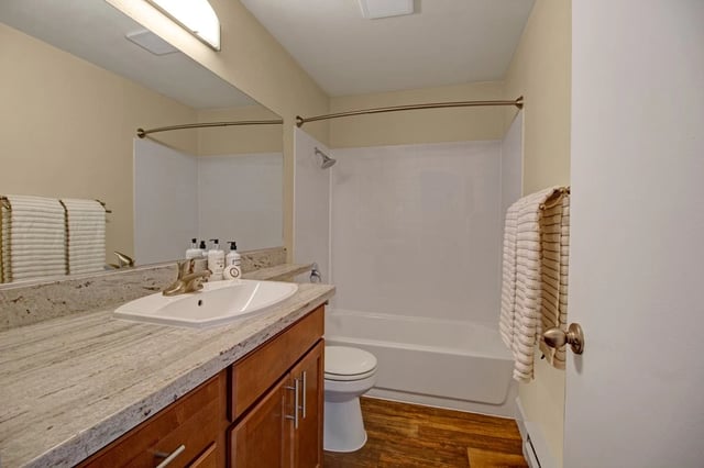 Bathroom with vanity, sink, toilet, and shower/tub combo.