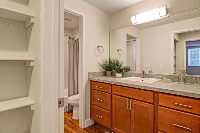 Bathroom with vanity, sink, toilet, and shower.