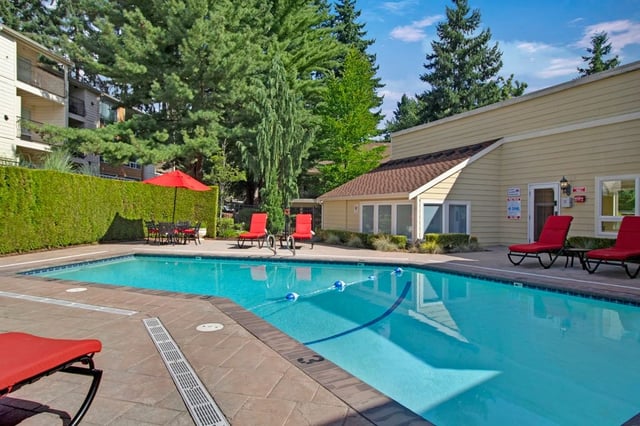 Outdoor swimming pool with lounge chairs and umbrella.
