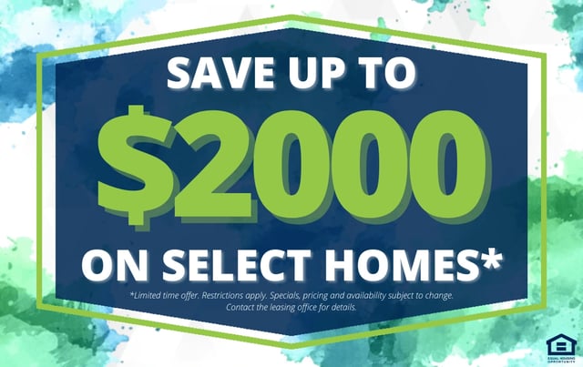 Save up to $2000 on select homes graphic with Equal Housing Opportunity logo.