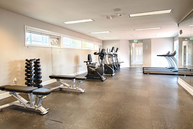Gym with treadmills, ellipticals, stationary bikes, dumbbells, and weight benches.