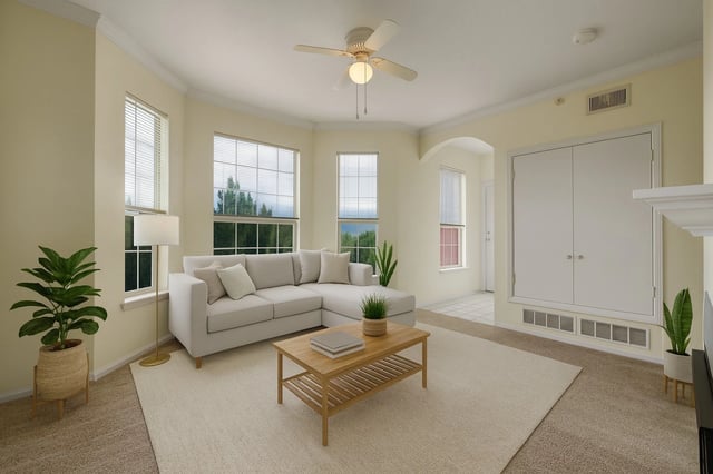 Modern living room with sectional sofa, coffee table, and large windows.