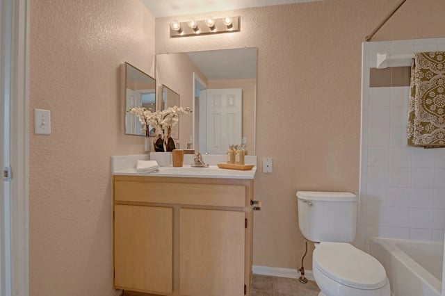 Bathroom vanity with sink, mirror, toilet, and bathtub with shower curtain.