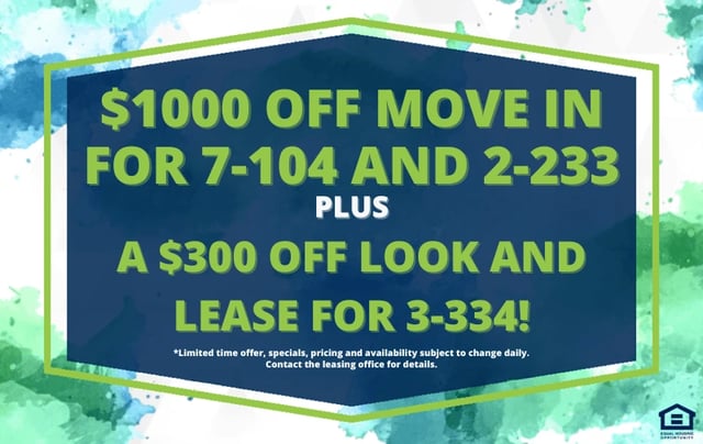 Special offer graphic: $1000 off move in for select units and $300 off look and lease for other units.