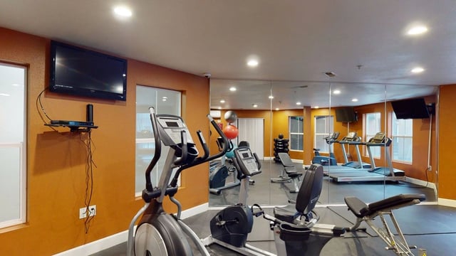 Treadmills and elliptical machines in a well-equipped fitness center.