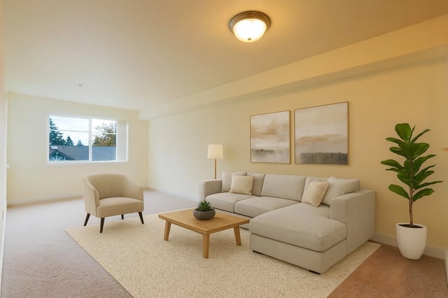 Living room with a sectional sofa, armchair, coffee table, and a plant.