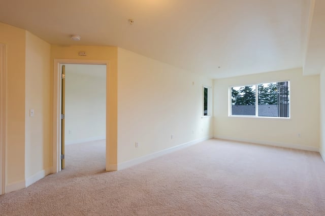 Empty apartment living room with light beige carpet and cream-colored walls.