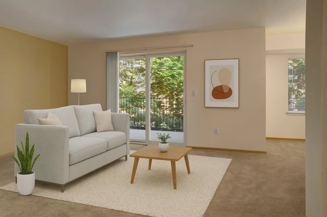 A spacious living room featuring a light gray sofa, a coffee table with a small plant, and a large sliding glass door leading to a balcony with a wooded view.