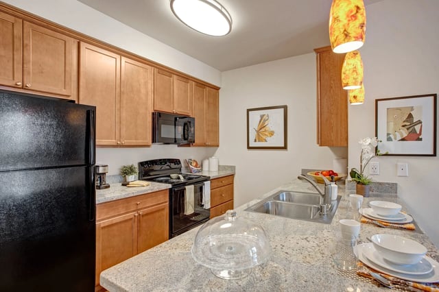 Modern kitchen with granite countertops, stainless steel appliances, and wood cabinets.