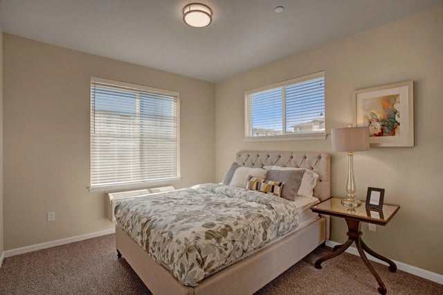 Bedroom with a queen-size bed, two windows with blinds, and a nightstand with a lamp and picture frame.