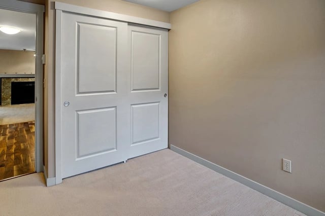 Closet doors in a neutral-toned room with carpet flooring.