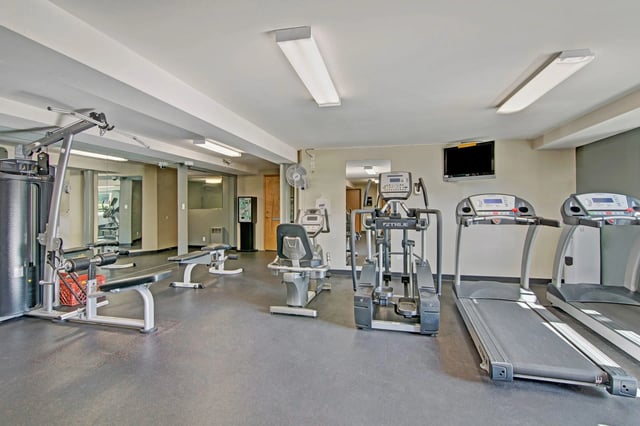 Treadmills, elliptical, stationary bike, and weight machine in community gym.