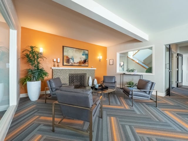 Community lounge area with fireplace and modern seating.