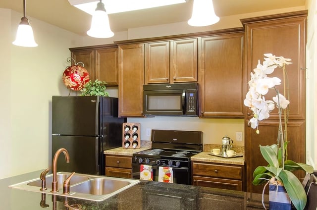 Modern kitchen with dark wood cabinets, black appliances, and granite countertops.