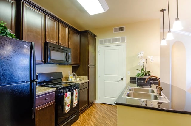 Modern kitchen with dark wood cabinets, black appliances, and granite countertops.