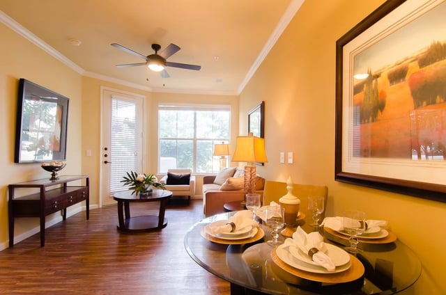 Living and dining area with a coffee table, sofa, and dining table set for dinner.