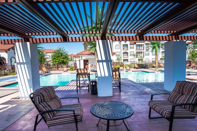 Outdoor swimming pool with lounge chairs and palm trees, viewed from a covered patio with seating.