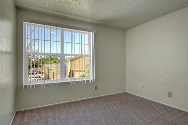 Empty bedroom with carpet and blinds on window overlooking parking lot.