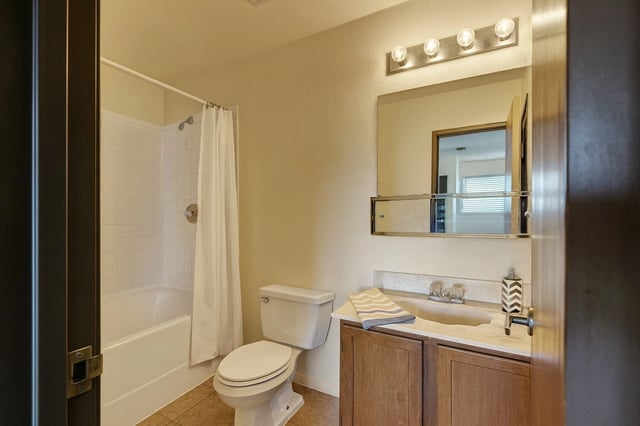 Bathroom with toilet, bathtub, shower curtain, vanity, and mirror.