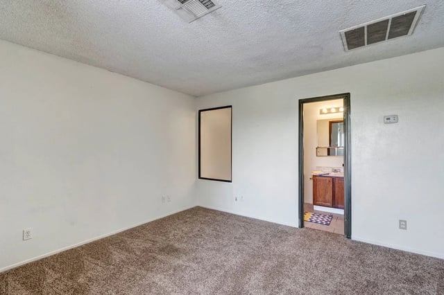 Bedroom with carpet and view into bathroom