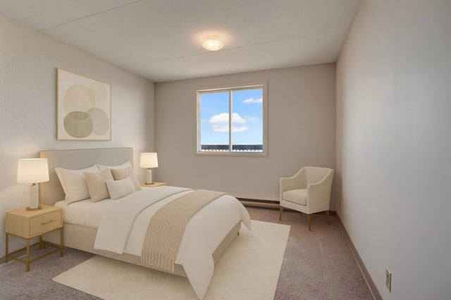 Cozy bedroom with a queen-size bed, nightstands, a plush armchair, and a large window with a view of the sky.