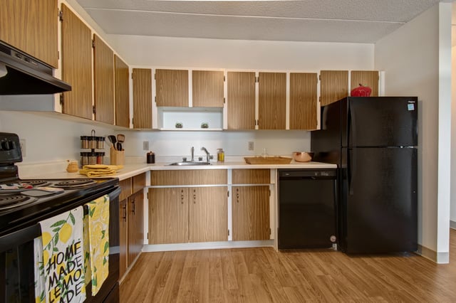 Kitchen with wood cabinets, black appliances, and wood-look flooring.