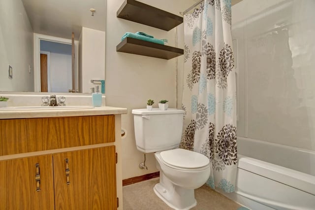 Modern bathroom with a sink, toilet, and bathtub with shower curtain.