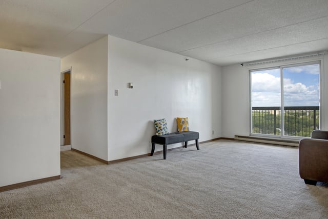 Spacious living room with carpet and a large window overlooking trees.