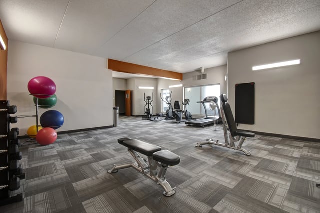Fitness center with treadmills, ellipticals, and free weights.