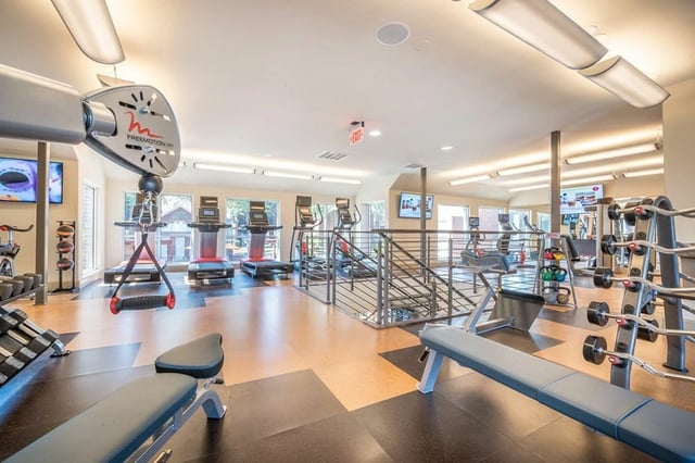 Modern fitness center with cardio machines, weight racks, and benches.