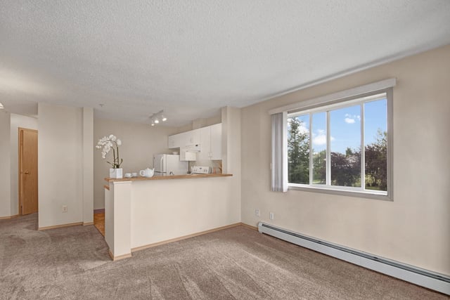 Living room and kitchen area with a large window overlooking trees.
