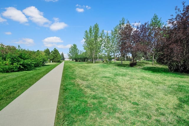 A paved walkway winds through a grassy area with trees and blue sky with clouds.