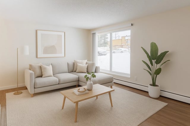 Living room with a sectional sofa, coffee table, and large window overlooking a snowy street.