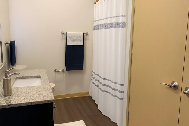 Bathroom with vanity, toilet, and shower curtain.