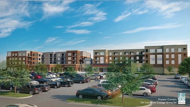 Royster Corners development, southwest view from Cottage Grove Road showing apartments and parking lot.
