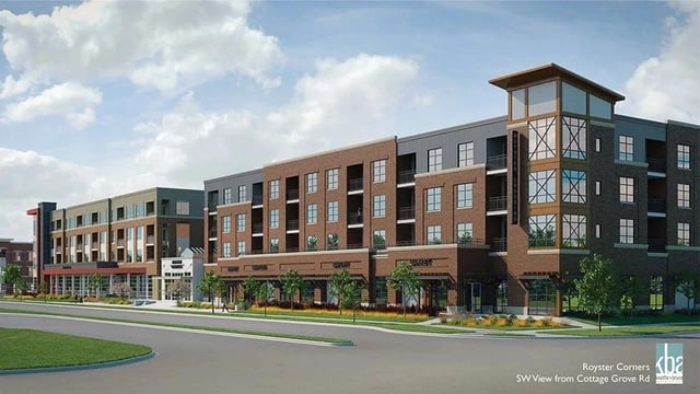 Exterior view of Royster Corners apartment building from Cottage Grove Road.