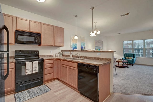 Modern kitchen with light wood cabinets, black appliances, and granite countertops.