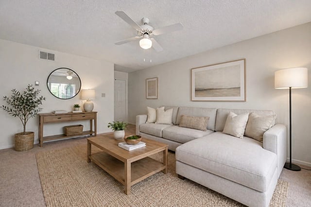 A well-decorated living room with a sectional sofa, coffee table, and console table.