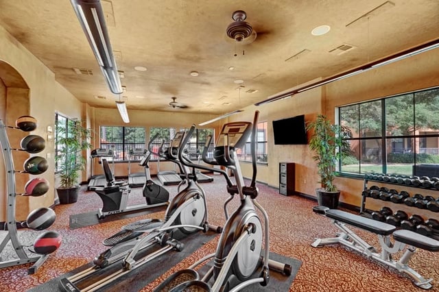 Fitness center with cardio machines, weight rack, and exercise balls.