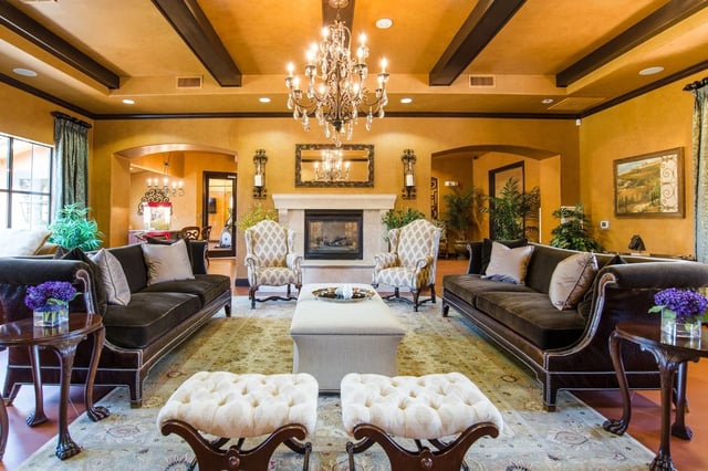 Luxury lounge area with fireplace and plush seating.